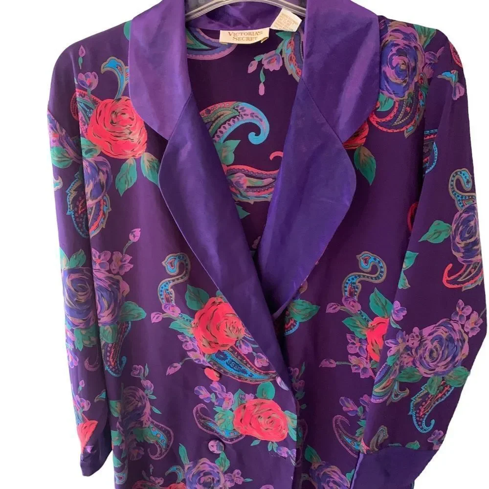 Vintage Victoria’s Secret Oversized Nightshirt Kimono Purple Rose Paisley Small - Picture 2 of 12